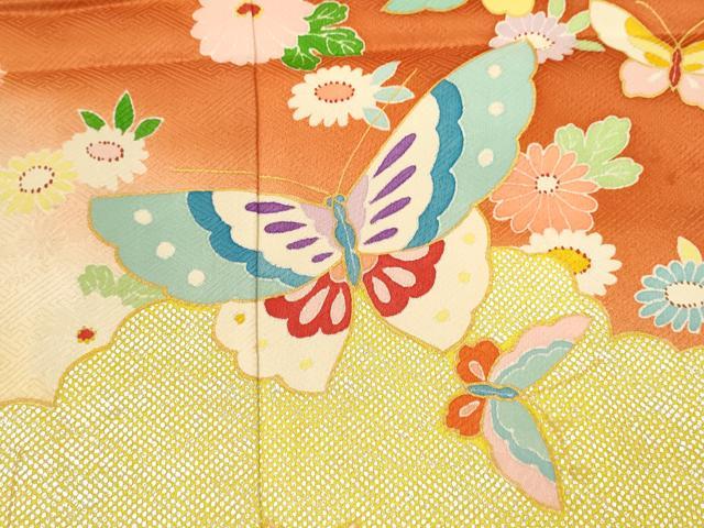 平和屋着物[]七五三　女の子　７歳　祝着　四つ身　袋帯セット　雲取り舞蝶花文　暈し染め　銀彩　逸品　CAAT6245ze