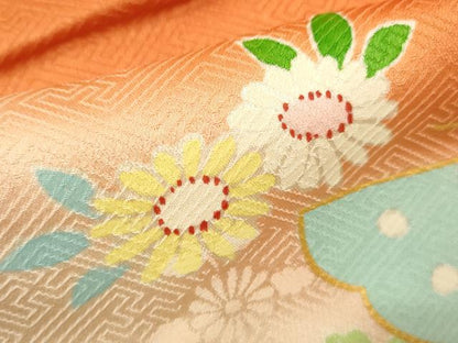 平和屋着物[]七五三　女の子　７歳　祝着　四つ身　袋帯セット　雲取り舞蝶花文　暈し染め　銀彩　逸品　CAAT6245ze