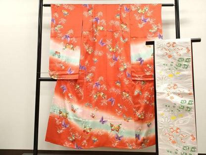 平和屋着物∵女の子 十三参り 子供 祝着・袋帯セット 舞蝶草花文 暈し染め 金彩 逸品 CAAT6259ze