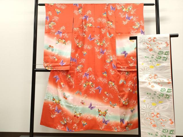 平和屋着物∵女の子 十三参り 子供 祝着・袋帯セット 舞蝶草花文 暈し染め 金彩 逸品 CAAT6259ze
