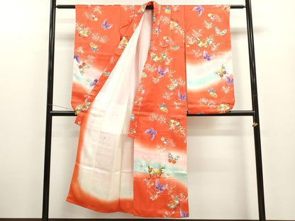 平和屋着物∵女の子 十三参り 子供 祝着・袋帯セット 舞蝶草花文 暈し染め 金彩 逸品 CAAT6259ze