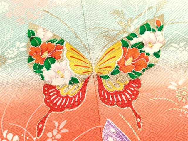 平和屋着物∵女の子 十三参り 子供 祝着・袋帯セット 舞蝶草花文 暈し染め 金彩 逸品 CAAT6259ze