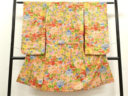 平和屋着物[]アンティーク　大正ロマン　七五三　女の子　７歳　祝着　四つ身　銘仙　草花文　逸品　CAAT6273ze