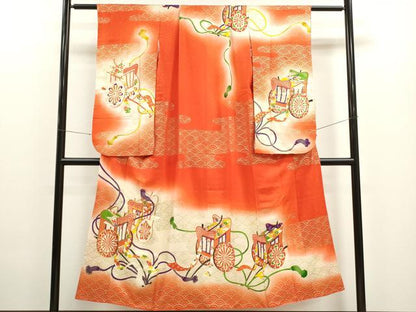 平和屋着物∵女の子　十三参り　子供　祝着　駒刺繍　御所車エ霞青海波花文　暈し染め　金彩　逸品　CAAT6276ze