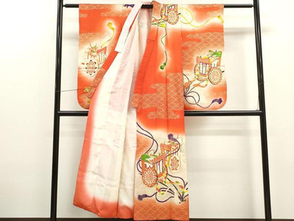 平和屋着物∵女の子　十三参り　子供　祝着　駒刺繍　御所車エ霞青海波花文　暈し染め　金彩　逸品　CAAT6276ze