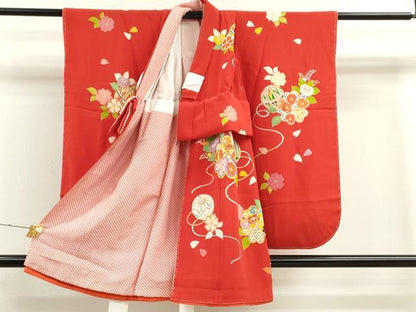 平和屋着物[]七五三　女の子　３歳　祝着　三つ身　駒刺繍　鞠草花文　鬼しぼ縮緬　金彩　逸品　CAAT6284ze