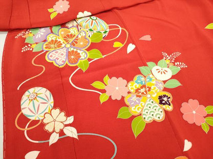 平和屋着物[]七五三　女の子　３歳　祝着　三つ身　駒刺繍　鞠草花文　鬼しぼ縮緬　金彩　逸品　CAAT6284ze