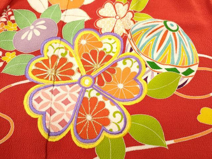 平和屋着物[]七五三　女の子　３歳　祝着　三つ身　駒刺繍　鞠草花文　鬼しぼ縮緬　金彩　逸品　CAAT6284ze