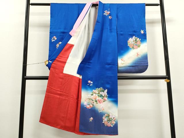 平和屋着物[]七五三　女の子　７歳　祝着　四つ身　草花舞蝶丸文　暈し染め　金彩　逸品　CAAT6296ze
