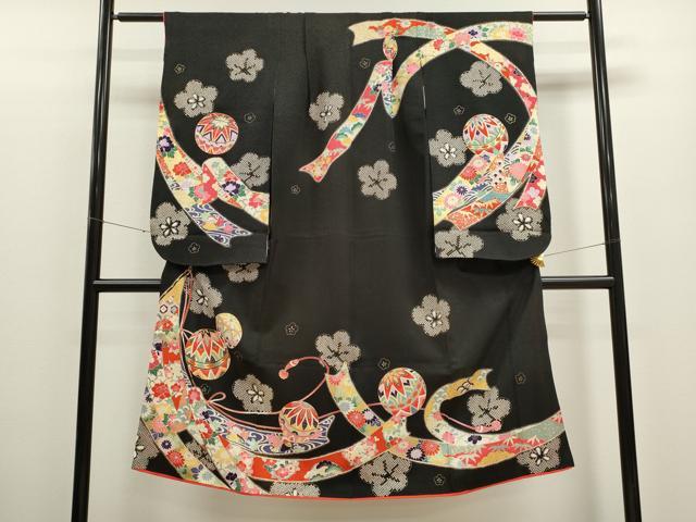 平和屋着物[]七五三　女の子　７歳　祝着　四つ身　松竹梅鞠几帳鴛鴦花文　黒地　金彩　洗える着物　CAAT6301ze