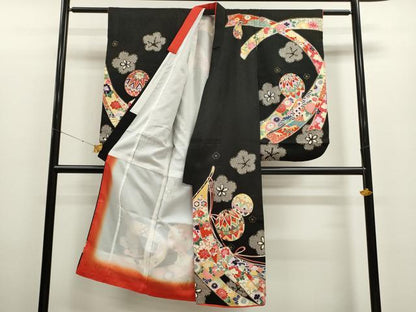 平和屋着物[]七五三　女の子　７歳　祝着　四つ身　松竹梅鞠几帳鴛鴦花文　黒地　金彩　洗える着物　CAAT6301ze