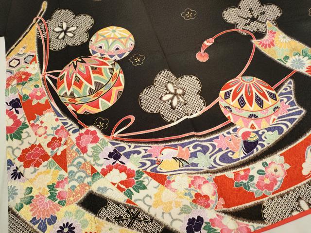 平和屋着物[]七五三　女の子　７歳　祝着　四つ身　松竹梅鞠几帳鴛鴦花文　黒地　金彩　洗える着物　CAAT6301ze