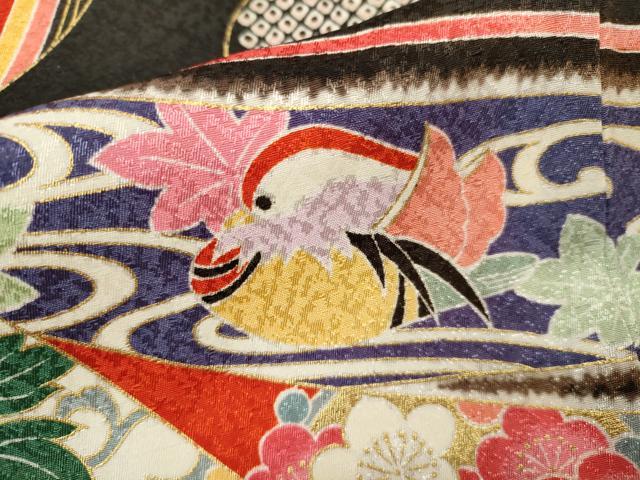 平和屋着物[]七五三　女の子　７歳　祝着　四つ身　松竹梅鞠几帳鴛鴦花文　黒地　金彩　洗える着物　CAAT6301ze