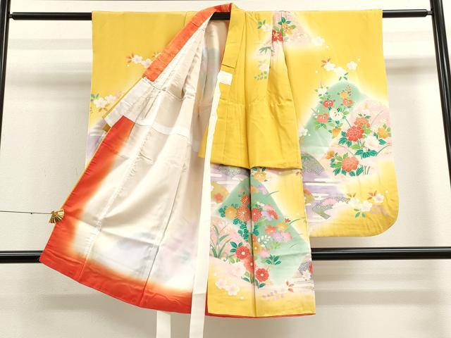 平和屋着物[]七五三　女の子　３歳　祝着　三つ身　長襦袢セット　駒刺繍　遠山草花文　暈し染め　金彩　逸品　CAAT6304ze