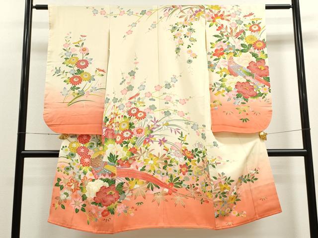 平和屋着物[]七五三　女の子　７歳　祝着　四つ身　尾長鳥草花文　暈し染め　逸品　CAAT6319ze