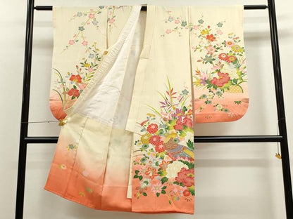 平和屋着物[]七五三　女の子　７歳　祝着　四つ身　尾長鳥草花文　暈し染め　逸品　CAAT6319ze
