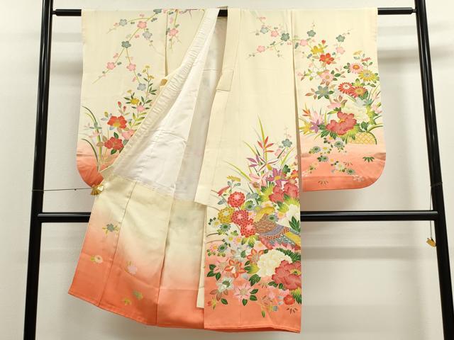 平和屋着物[]七五三　女の子　７歳　祝着　四つ身　尾長鳥草花文　暈し染め　逸品　CAAT6319ze