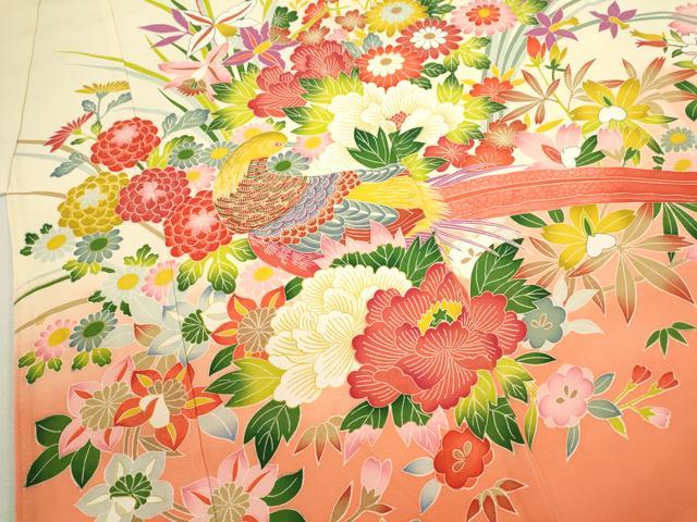 平和屋着物[]七五三　女の子　７歳　祝着　四つ身　尾長鳥草花文　暈し染め　逸品　CAAT6319ze