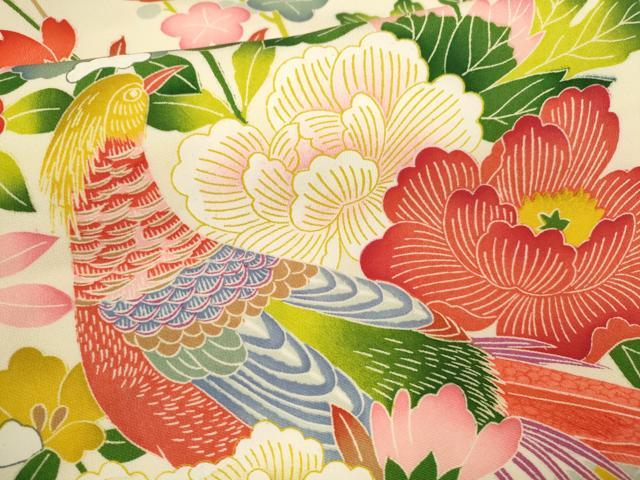 平和屋着物[]七五三　女の子　７歳　祝着　四つ身　尾長鳥草花文　暈し染め　逸品　CAAT6319ze