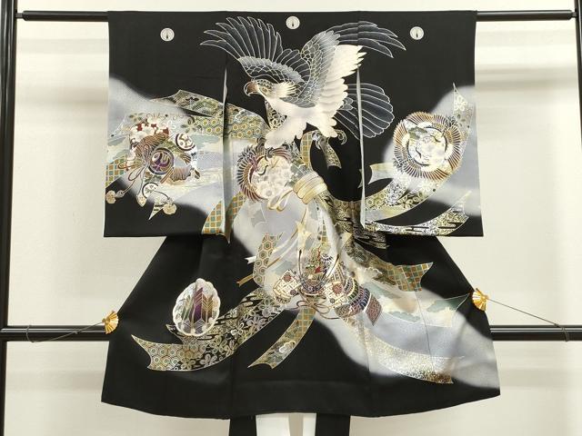 平和屋着物[]お宮参り　男の子　祝着　産着　初着　のしめ　鷹　龍　兜　束ね熨斗飛鶴花文　暈し染め　黒地　金銀彩　逸品　CAAT6323ze