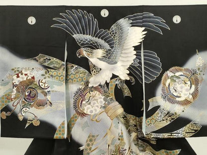 平和屋着物[]お宮参り　男の子　祝着　産着　初着　のしめ　鷹　龍　兜　束ね熨斗飛鶴花文　暈し染め　黒地　金銀彩　逸品　CAAT6323ze