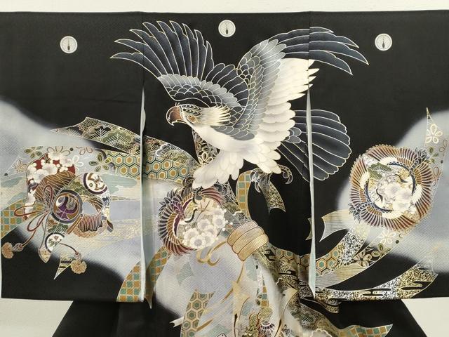 平和屋着物[]お宮参り　男の子　祝着　産着　初着　のしめ　鷹　龍　兜　束ね熨斗飛鶴花文　暈し染め　黒地　金銀彩　逸品　CAAT6323ze