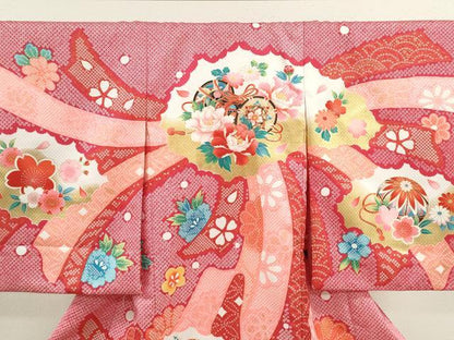 平和屋着物[]お宮参り　女の子　祝着　産着　初着　のしめ　鼓熨斗鞠草花文　金彩　洗える着物　CAAT6336ze