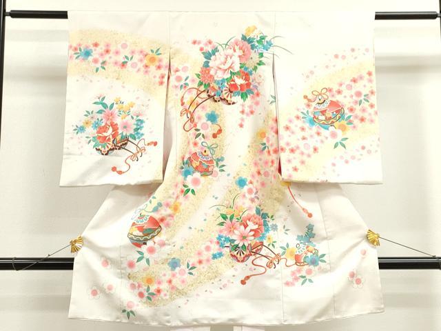 平和屋着物[]お宮参り　女の子　祝着　産着　初着　のしめ　花車　鈴　金彩　洗える着物　CAAT6338ze