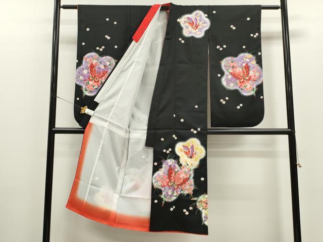 平和屋着物[]七五三　女の子　７歳　祝着　四つ身　飾り帯・小物セット　草花舞蝶文　黒地　金彩　洗える着物　CAAT6372ze