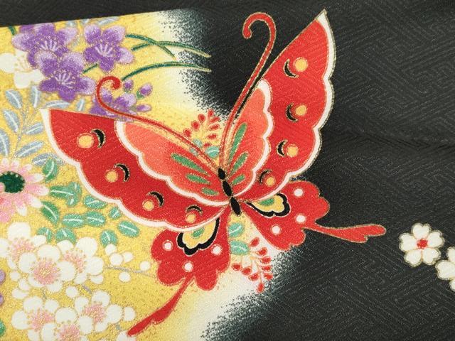 平和屋着物[]七五三　女の子　７歳　祝着　四つ身　飾り帯・小物セット　草花舞蝶文　黒地　金彩　洗える着物　CAAT6372ze