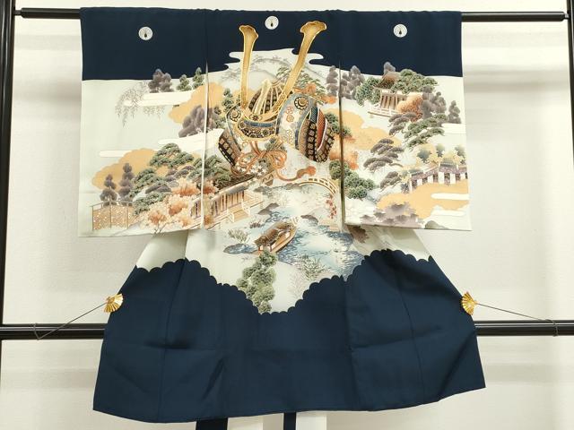 平和屋着物[]お宮参り　男の子　祝着　産着　初着　のしめ　作家物　駒刺繍　兜　水辺風景文　金彩　逸品　CAAT6378ze