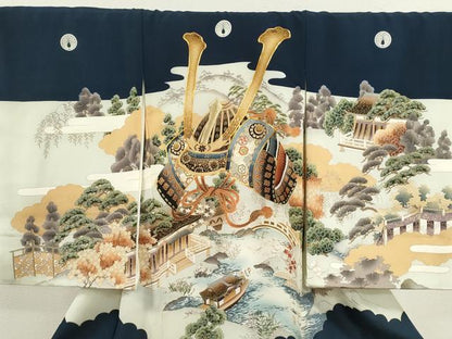 平和屋着物[]お宮参り　男の子　祝着　産着　初着　のしめ　作家物　駒刺繍　兜　水辺風景文　金彩　逸品　CAAT6378ze