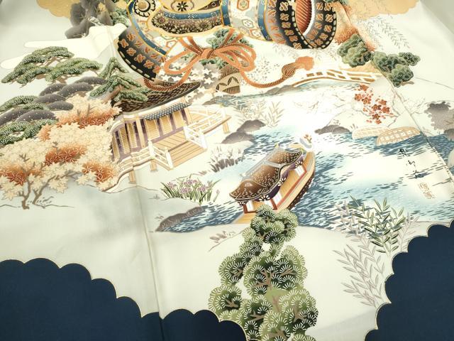平和屋着物[]お宮参り　男の子　祝着　産着　初着　のしめ　作家物　駒刺繍　兜　水辺風景文　金彩　逸品　CAAT6378ze