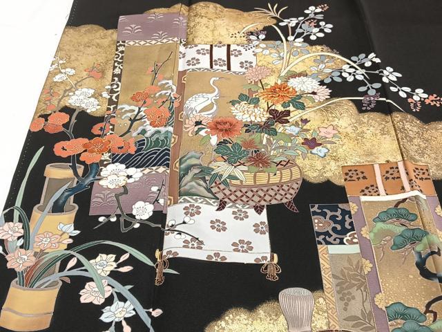 黒留袖　着物　風景画　落款　作家物　花柄　金　鳥 通販ファッション - 黒留袖 着物 風景画 落款 作家物 花柄 金 鳥