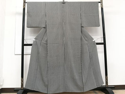 平和屋着物▽上質な小紋 単衣 縞 黒地 正絹 逸品 CAAT6548xi