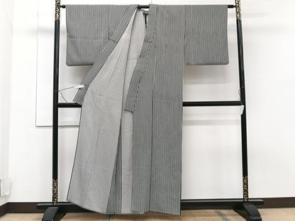 平和屋着物▽上質な小紋 単衣 縞 黒地 正絹 逸品 CAAT6548xi