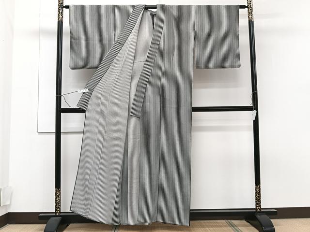 平和屋着物▽上質な小紋 単衣 縞 黒地 正絹 逸品 CAAT6548xi
