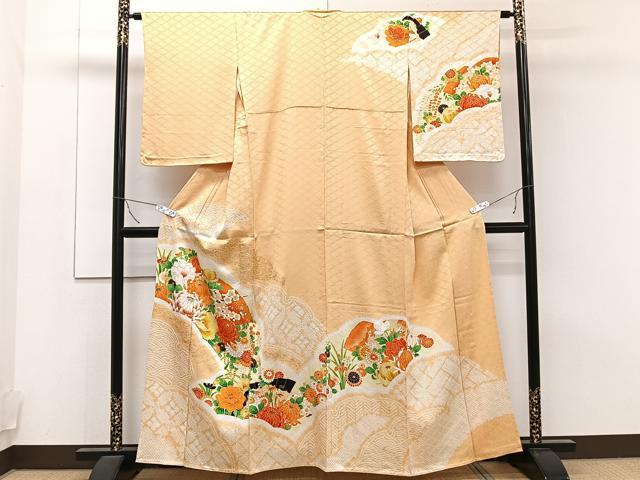 平和屋着物▽訪問着 単衣 絞り 扇面草花文 暈し染め 金彩 正絹 逸品 CAAT6550xi