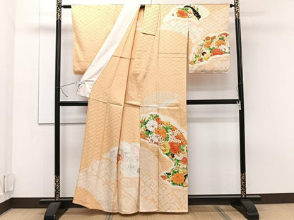 平和屋着物▽訪問着 単衣 絞り 扇面草花文 暈し染め 金彩 正絹 逸品 CAAT6550xi