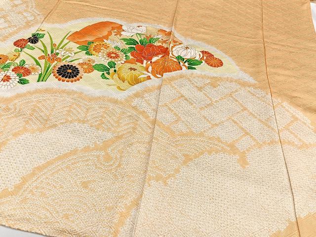 平和屋着物▽訪問着 単衣 絞り 扇面草花文 暈し染め 金彩 正絹 逸品 CAAT6550xi