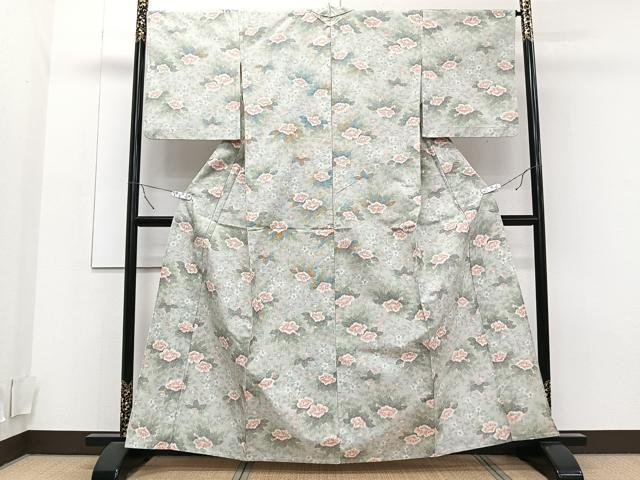 平和屋着物▽上質な紬　単衣　草花文　正絹　逸品　CAAT6553xi