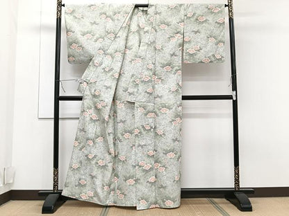 平和屋着物▽上質な紬　単衣　草花文　正絹　逸品　CAAT6553xi