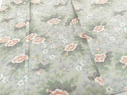 平和屋着物▽上質な紬　単衣　草花文　正絹　逸品　CAAT6553xi