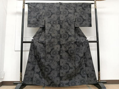 平和屋着物▽上質な紬 単衣 舞菊文 正絹 逸品 CAAT6564xi