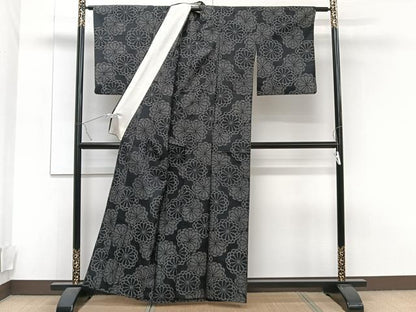 平和屋着物▽上質な紬 単衣 舞菊文 正絹 逸品 CAAT6564xi