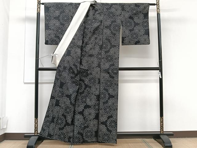 平和屋着物▽上質な紬 単衣 舞菊文 正絹 逸品 CAAT6564xi