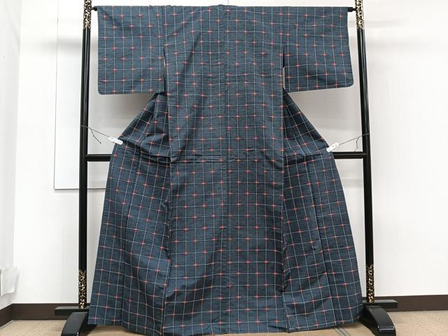 平和屋着物▽上質な紬 単衣 格子柄 正絹 逸品 CAAT6568xi