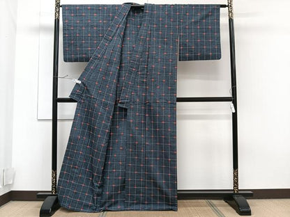 平和屋着物▽上質な紬 単衣 格子柄 正絹 逸品 CAAT6568xi