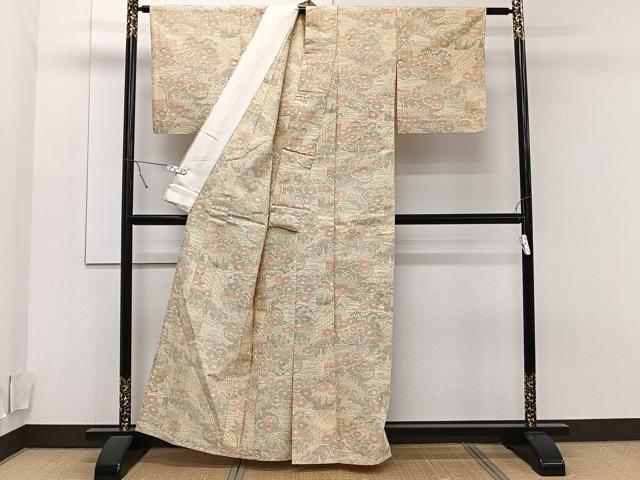 平和屋着物▽上質な紬　単衣　草花文　正絹　逸品　CAAT6569xi