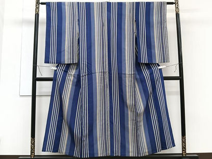 平和屋着物▽上質なお召　単衣　縞　正絹　逸品　CAAT6571xi